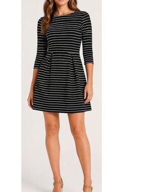 Banana republic black white striped boat neck fit and flare dress 6 petite